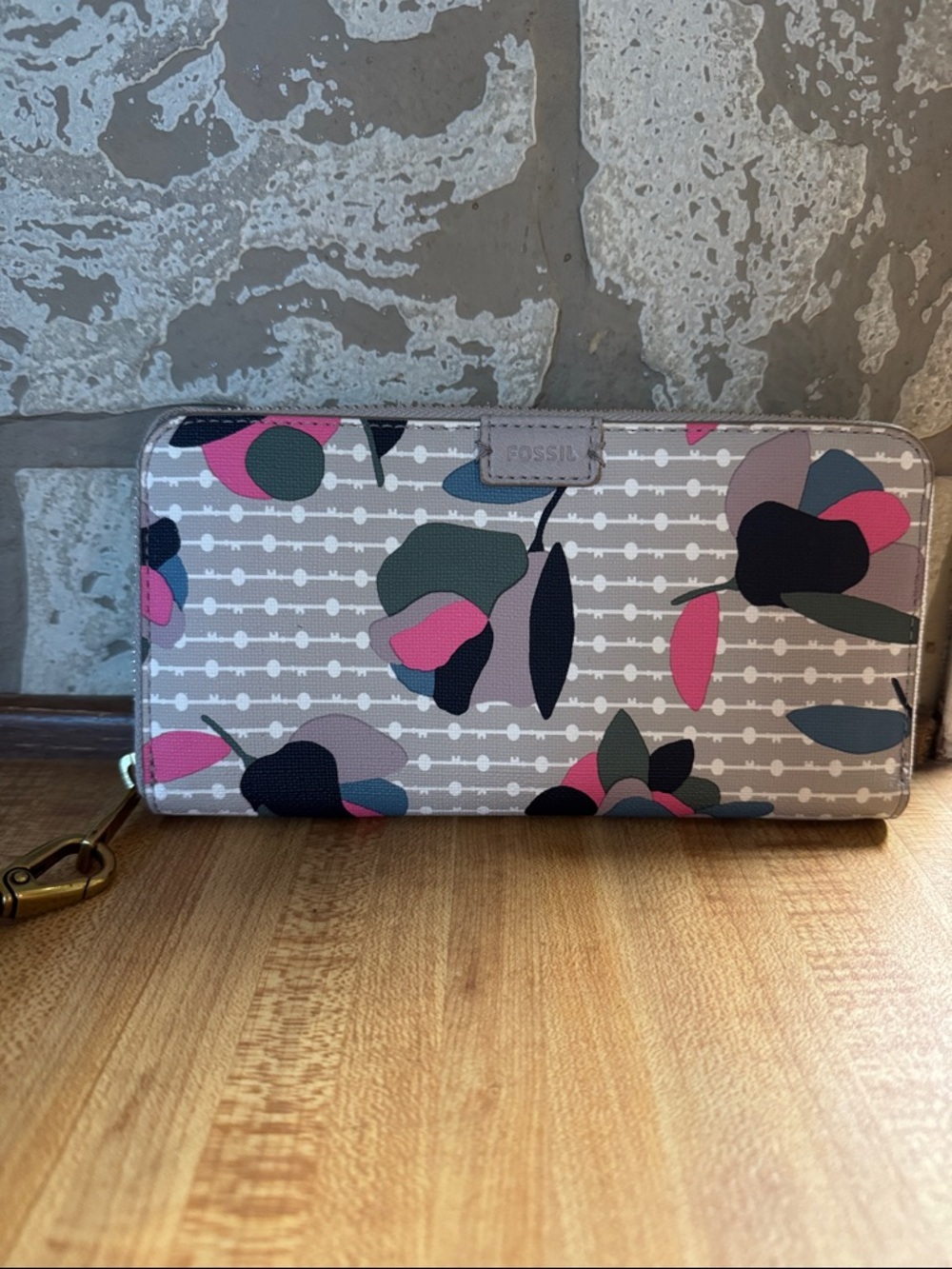 Fossil Floral Zip-Around Wallet in Pink, Navy & Gray